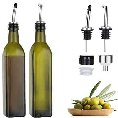 Garrafa de óleo de cozinha verde escuro de vidro com tubo de aço inoxidável 500 ml quadrado 2pcs