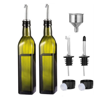 Garrafa de óleo de cozinha verde escuro de vidro com tubo de aço inoxidável 500 ml quadrado 2pcs