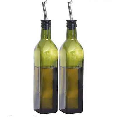 Garrafa de óleo de cozinha verde escuro de vidro com tubo de aço inoxidável 500 ml quadrado 2pcs
