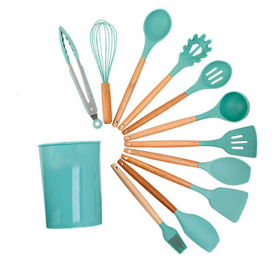 Set de utensílios de cozinha de silicone verde de 18 peças com balde de armazenamento Espatulas antiaderentes incluídas