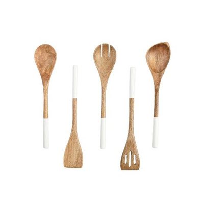Set de cozinha de madeira de acácia de 5 peças, colher de espátula, garfo, ranhuras, colher de canto