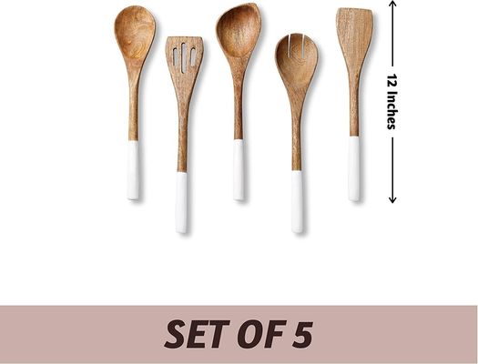 Set de cozinha de madeira de acácia de 5 peças, colher de espátula, garfo, ranhuras, colher de canto
