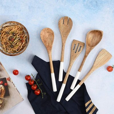 Set de cozinha de madeira de acácia de 5 peças, colher de espátula, garfo, ranhuras, colher de canto