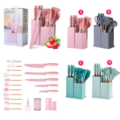 Utensílios de cozinha de silicone conjunto de 19 Pcs Ferramentas de cozinha com acessórios de alça de madeira