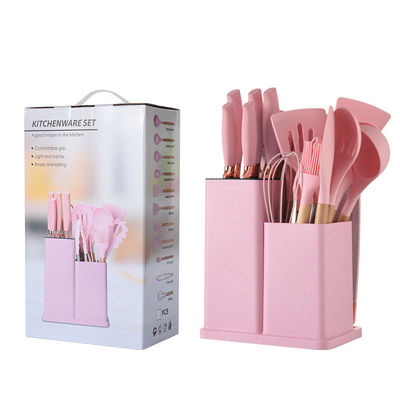 Utensílios de cozinha de silicone conjunto de 19 Pcs Ferramentas de cozinha com acessórios de alça de madeira