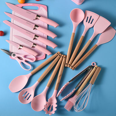 Utensílios de cozinha de silicone conjunto de 19 Pcs Ferramentas de cozinha com acessórios de alça de madeira