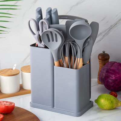 Utensílios de cozinha de silicone conjunto de 19 Pcs Ferramentas de cozinha com acessórios de alça de madeira