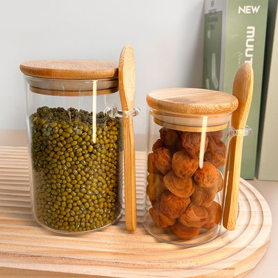 Container de armazenamento de alimentos de estante de vidro transparente com projeto funcional e tampa redonda de bambu