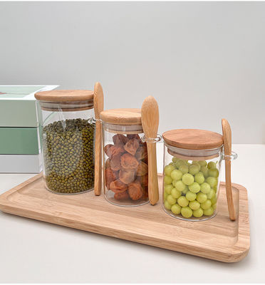 Container de armazenamento de alimentos de estante de vidro transparente com projeto funcional e tampa redonda de bambu