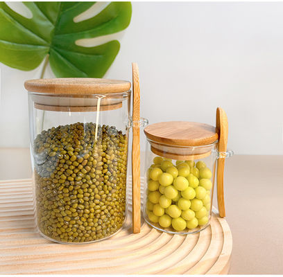 Container de armazenamento de alimentos de estante de vidro transparente com projeto funcional e tampa redonda de bambu