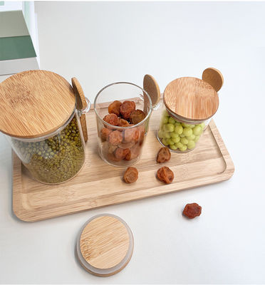 Container de armazenamento de alimentos de estante de vidro transparente com projeto funcional e tampa redonda de bambu