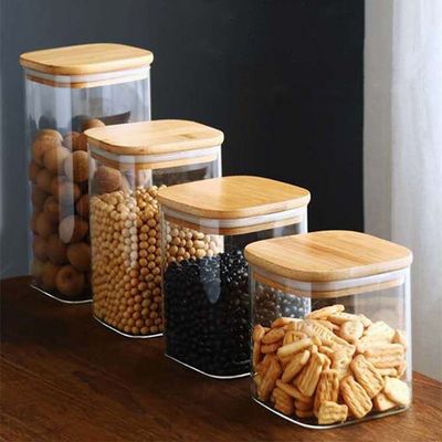 Contêiner de armazenamento de alimentos de design moderno com tampa de madeira de bambu 300ml 500ml frasco de vidro de especiarias