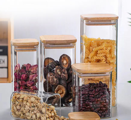 Contêiner de armazenamento de alimentos de design moderno com tampa de madeira de bambu 300ml 500ml frasco de vidro de especiarias