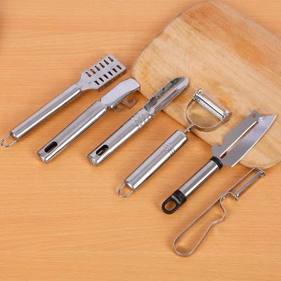 304 Set de utensílios de cozinha de aço inoxidável 6 em 1 para descascar frutas e descascar vegetais