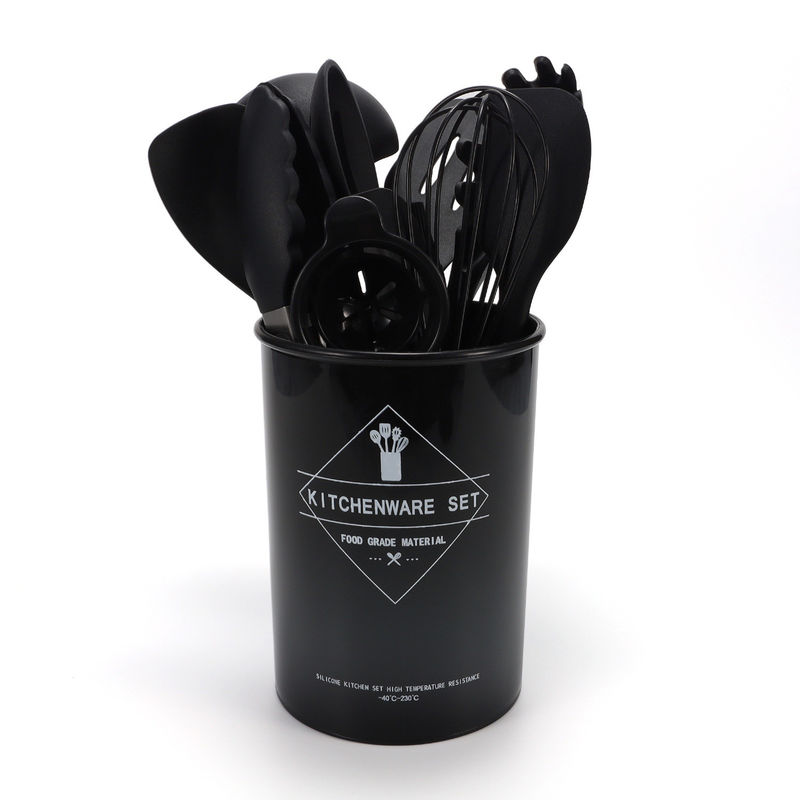 995G Conjunto de utensílios de cozinha de gel de sílica com alça de madeira e balde de armazenamento de tabuleiro