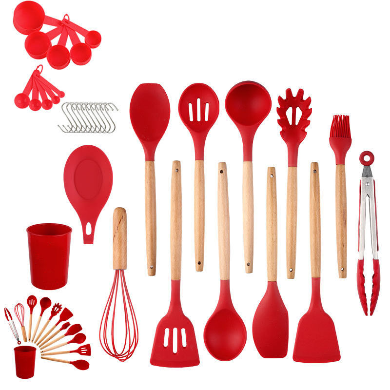 Conjunto de utensílios de cozinha de silicone com alça de madeira resistente ao calor para OEM/ODM