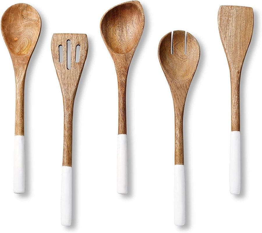 Set de cozinha de madeira de acácia de 5 peças, colher de espátula, garfo, ranhuras, colher de canto