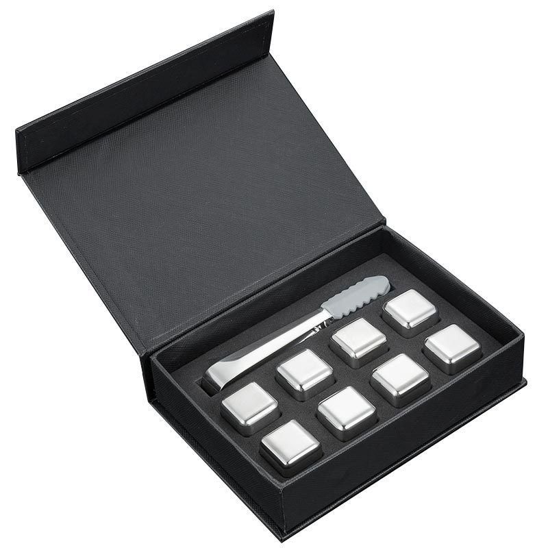 Design Whiskey Ice Stone Set 8 PCS cubos de aço inoxidável com Tong e EVA caixa de presente