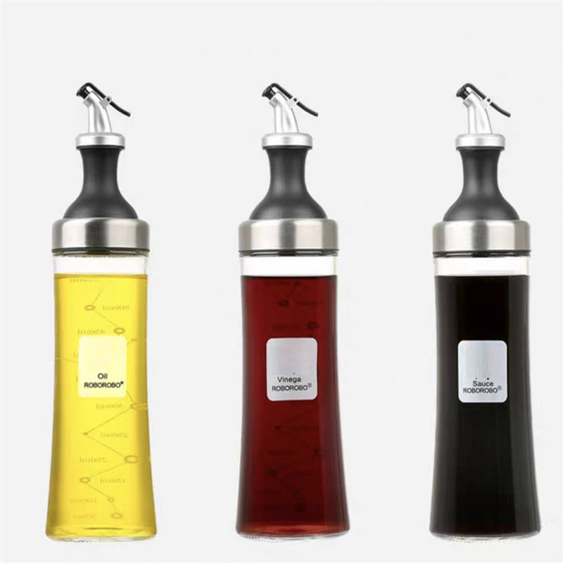 Conjunto de frascos de óleo de vidro de alto borosilicato para uso doméstico com boca curva e medição de controle de óleo