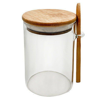 Container de armazenamento de alimentos de estante de vidro transparente com projeto funcional e tampa redonda de bambu