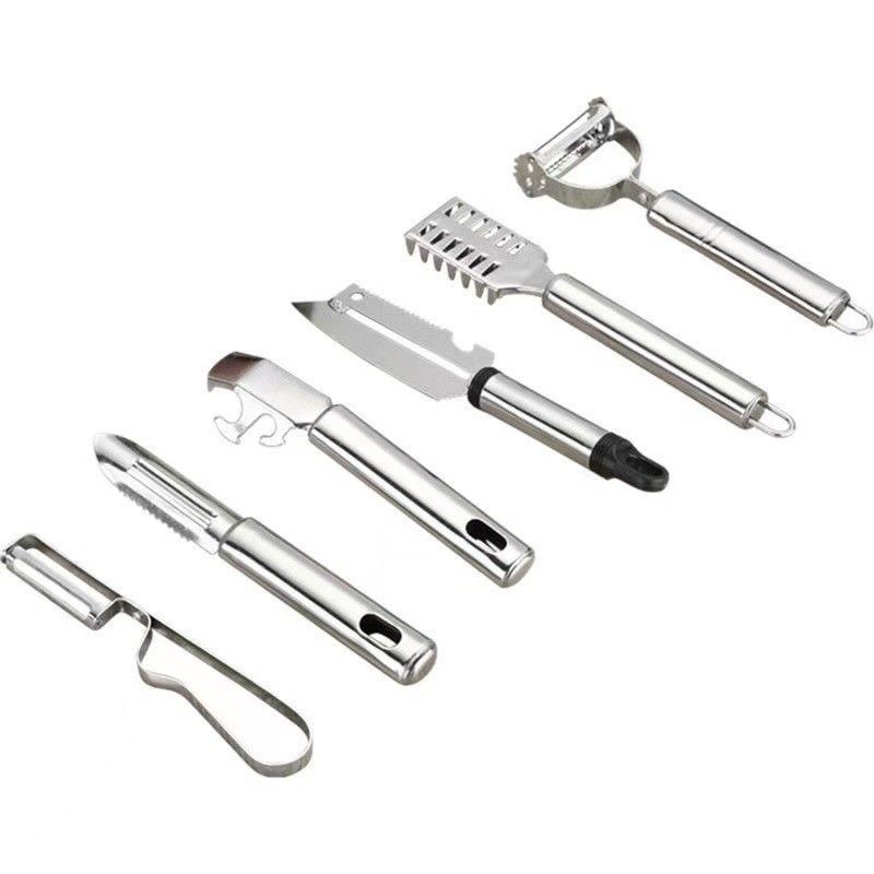 304 Set de utensílios de cozinha de aço inoxidável 6 em 1 para descascar frutas e descascar vegetais